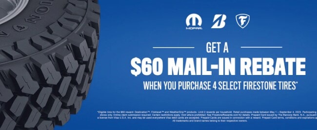 Get $60 Mail-in rebate when you buy 4 select Firestone tires