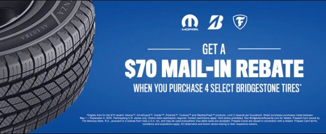 Get $70 Mail-in rebate when you buy 4 select Bridgestone tires