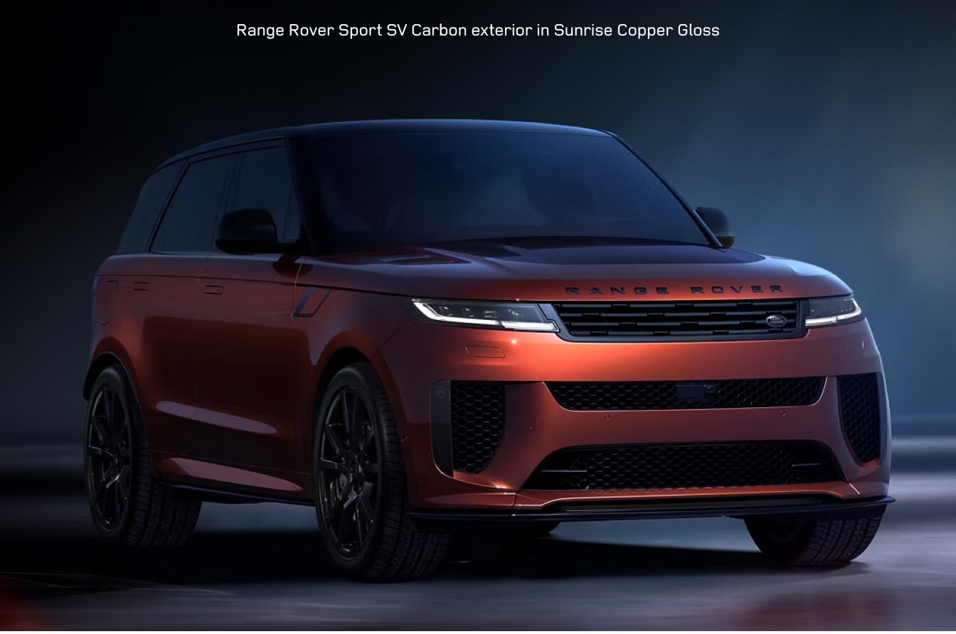 2026 Range Rover Sport SV showcases its sleek front profile in a studio.