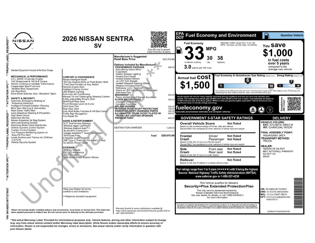 New 2026 Nissan Sentra SV Sedan
