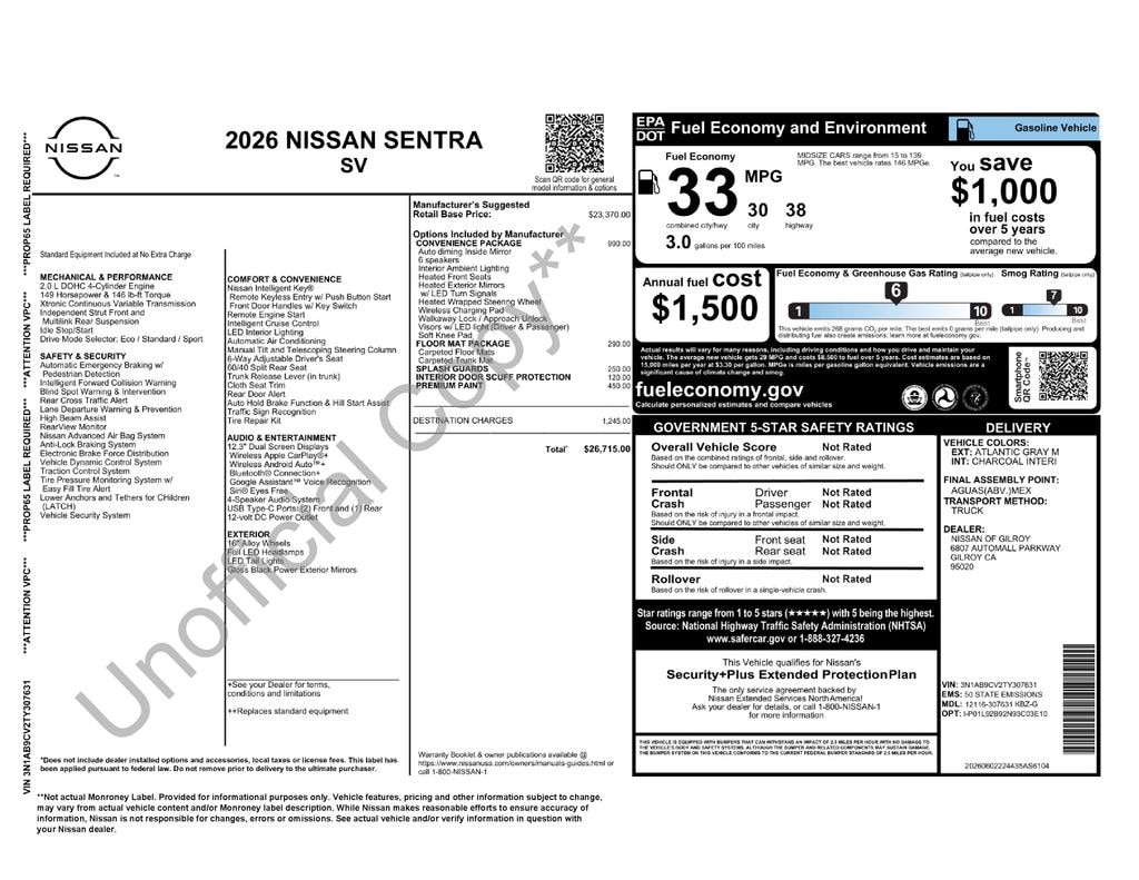 New 2026 Nissan Sentra SV Sedan