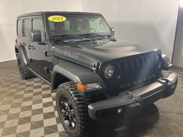Used 2021 Jeep Wrangler Unlimited Willys Sport with VIN 1C4HJXDG2MW869914 for sale in Columbus, IN