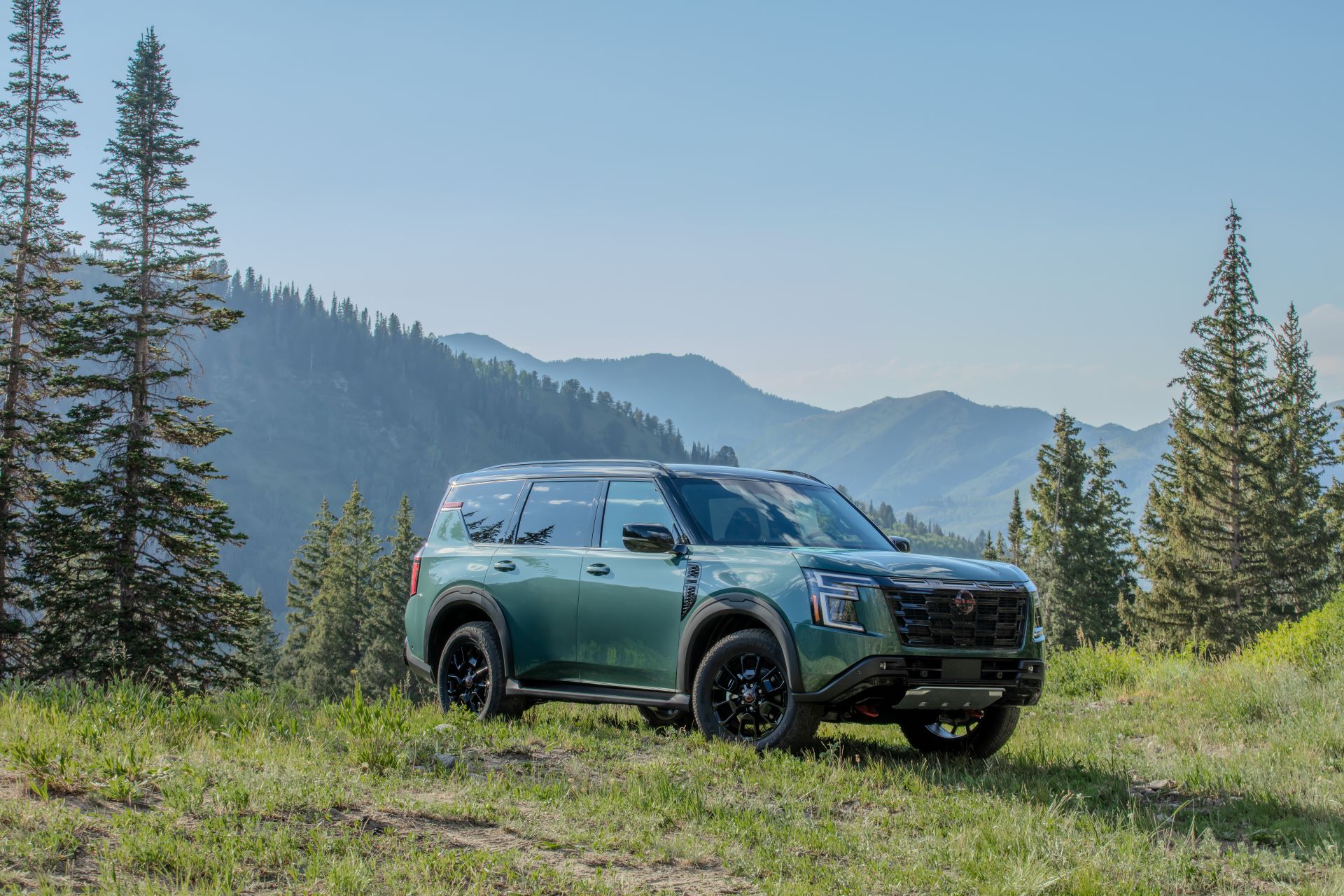 a green suv parked in the woods