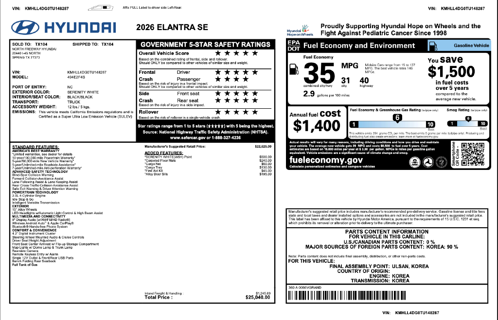 Certified 2026 Hyundai Elantra SE Sedan