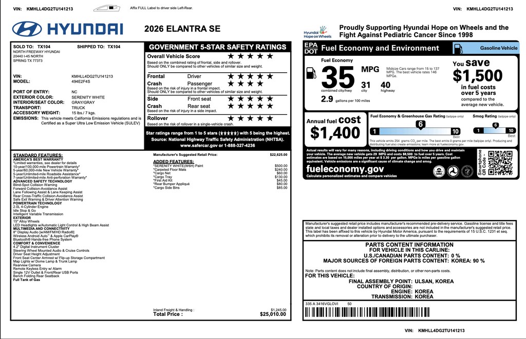 Certified 2026 Hyundai Elantra SE Sedan