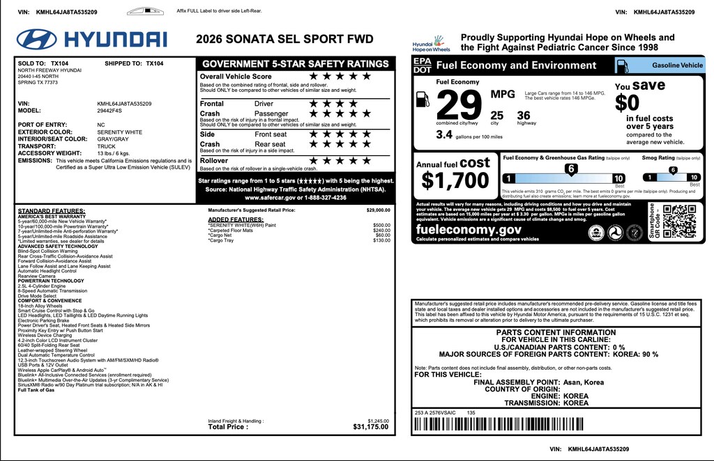 Certified 2026 Hyundai Sonata SEL Sport Sedan
