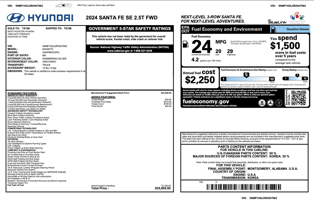 Certified 2024 Hyundai Santa Fe SE SUV