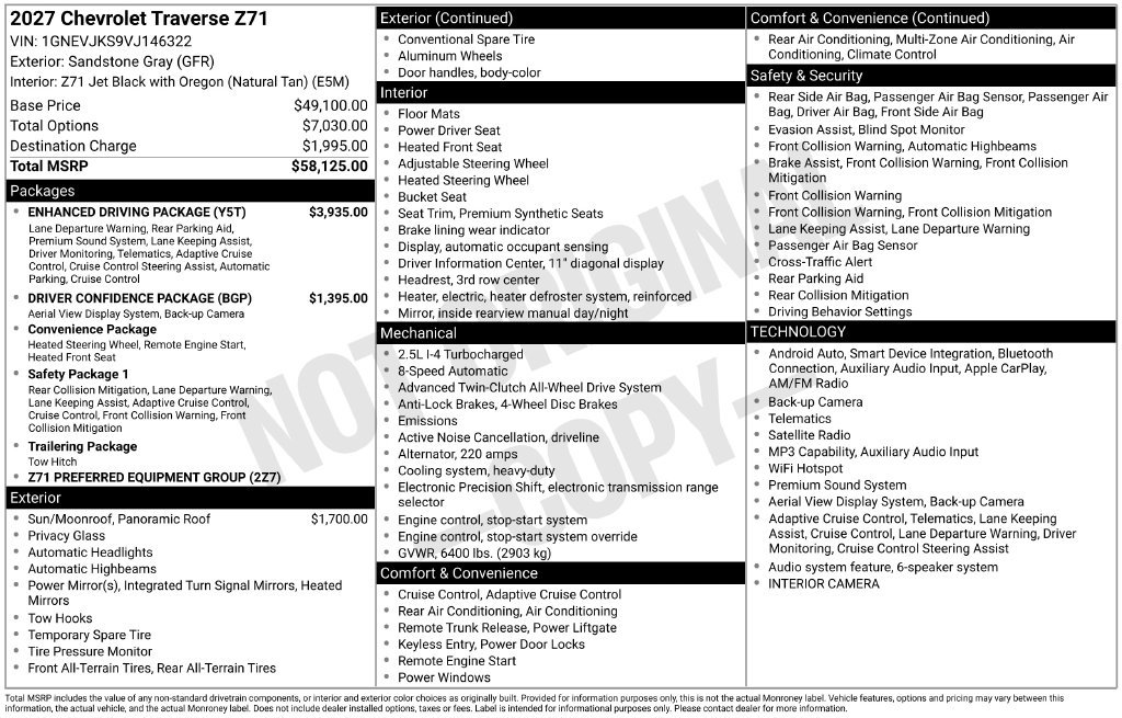 New 2027 Chevrolet Traverse Z71 SUV