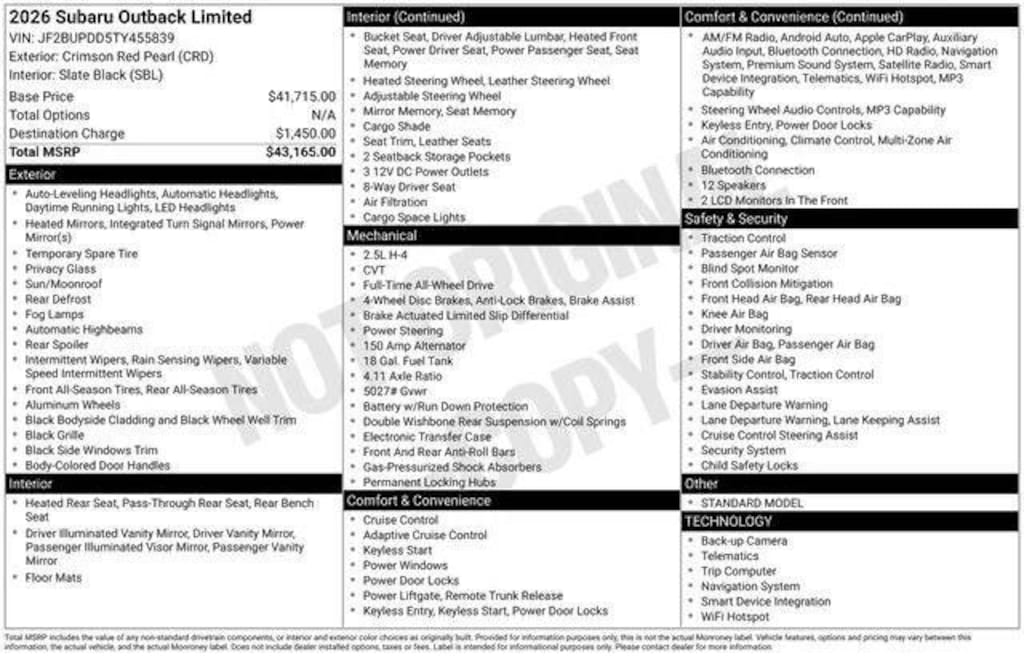 New 2026 Subaru Outback Limited SUV