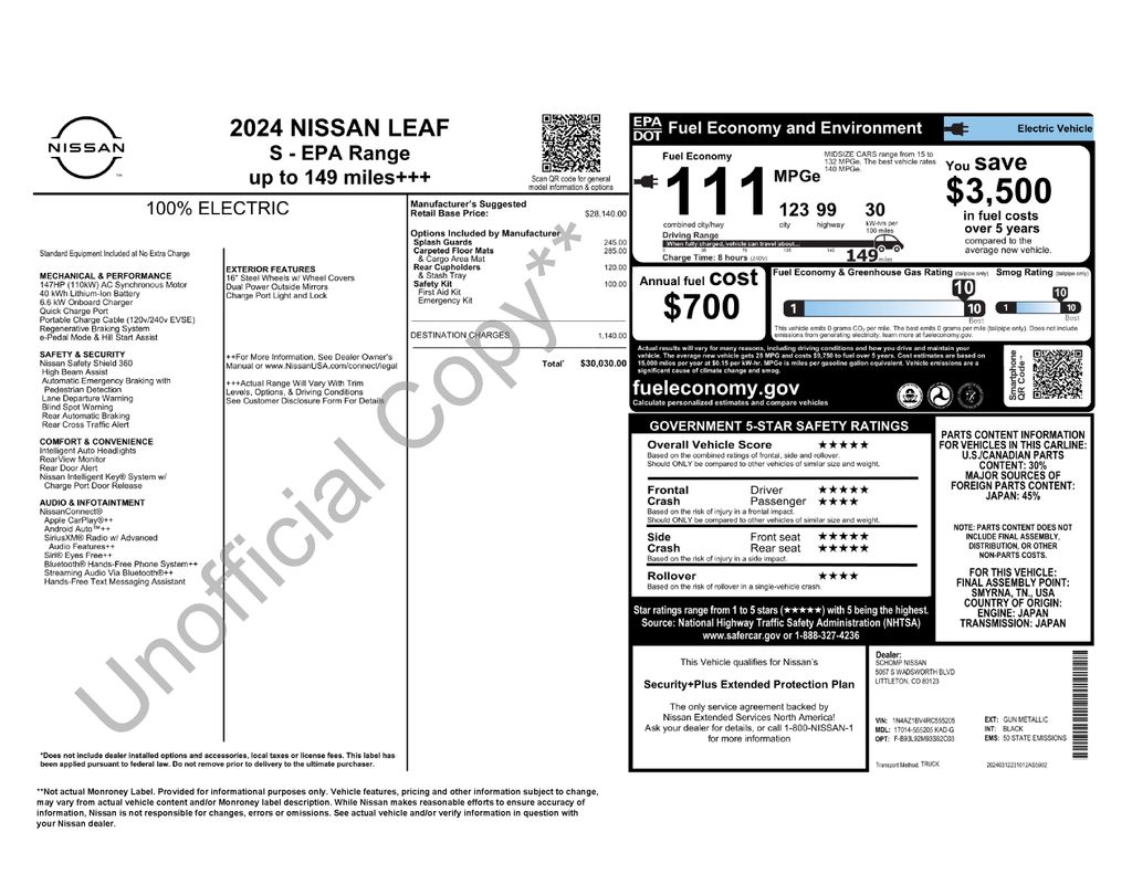 Used 2024 Nissan LEAF S with VIN 1N4AZ1BV4RC555205 for sale in Buffalo, NY