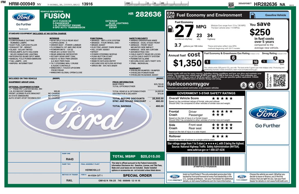 Used 2017 Ford Fusion SE with VIN 3FA6P0HD7HR282636 for sale in Buffalo, NY
