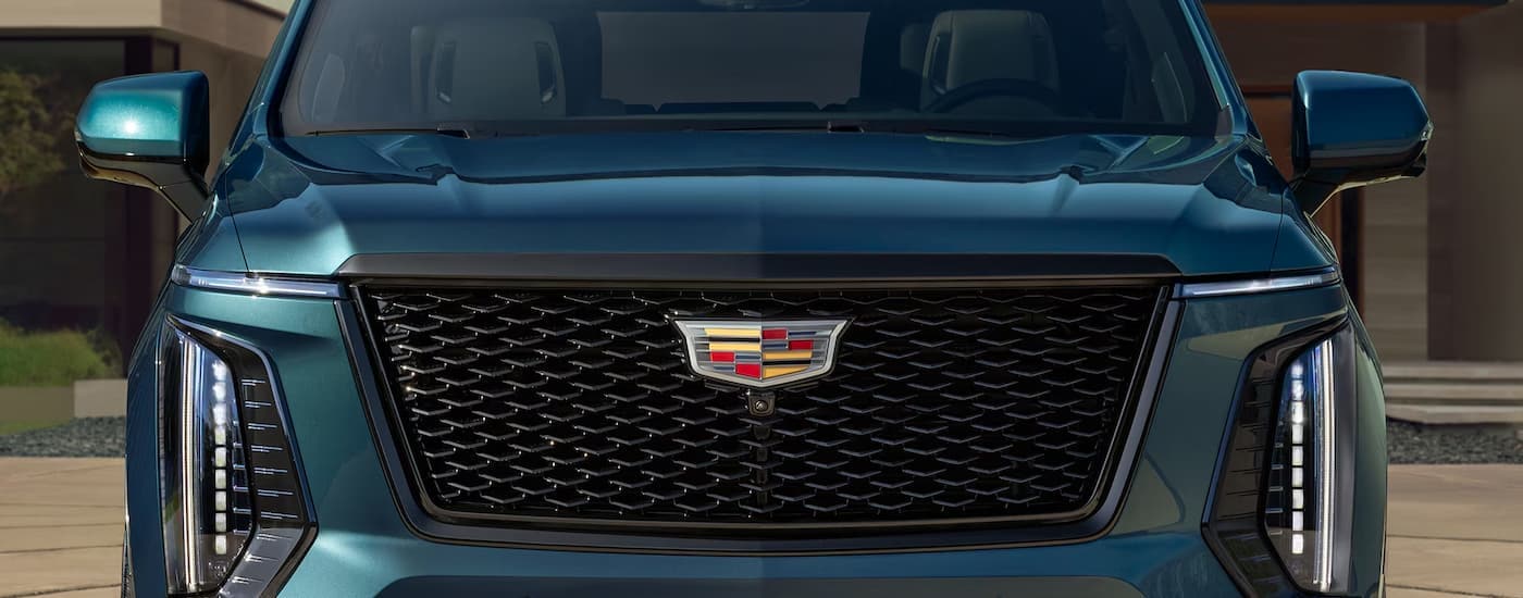 Front grille of a blue 2026 Cadillac Escalade for sale near Hollywood
