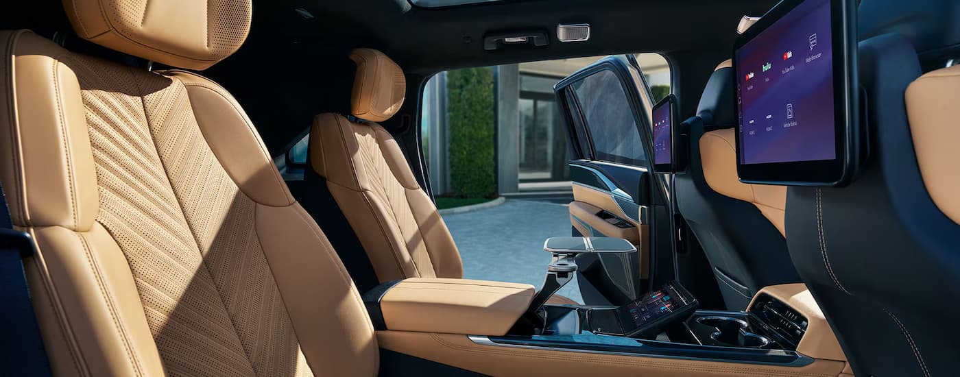Tan leather rear seating in a 2026 Cadillac Escalade IQ