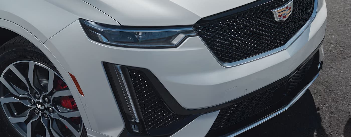 Hood and grille on a white 2025 Cadillac XT6.