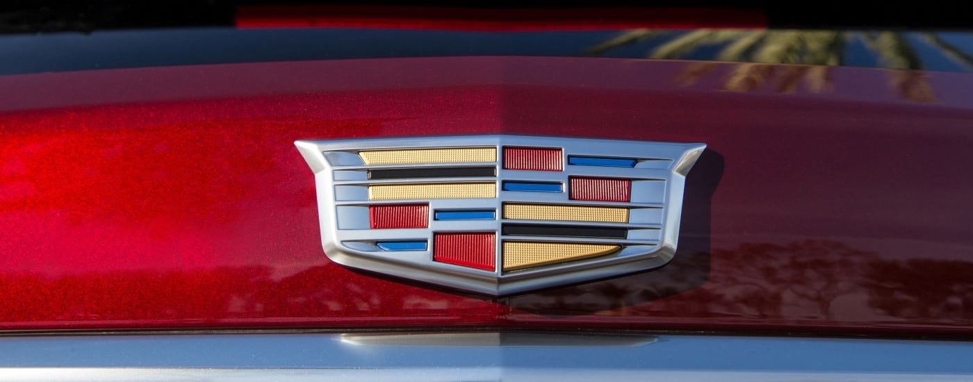 Badge on the rear of a red 2019 Cadillac XT5