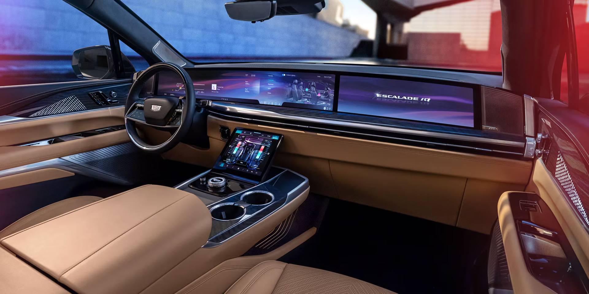 2026 Cadillac Escalade IQ interior featuring the 55-inch curved pillar-to-pillar display