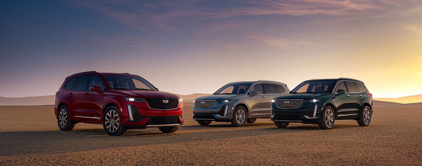Three 2026 Cadillac XT6 for sale parked in an open area