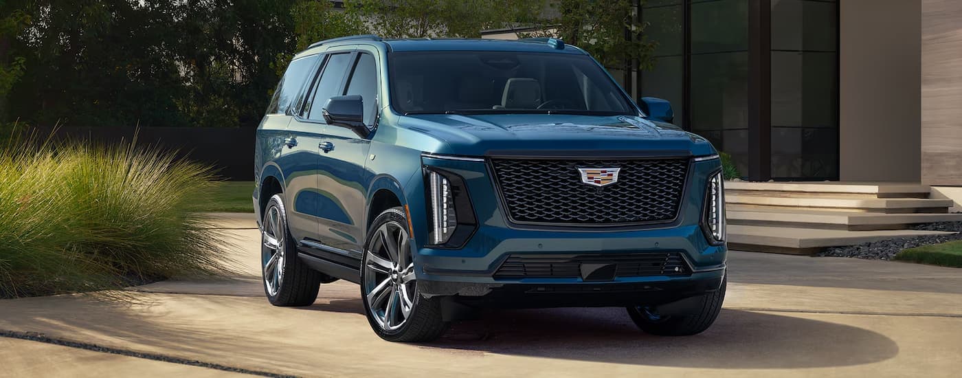 A blue 2025 Cadillac Escalade parked at Cadillac dealer.