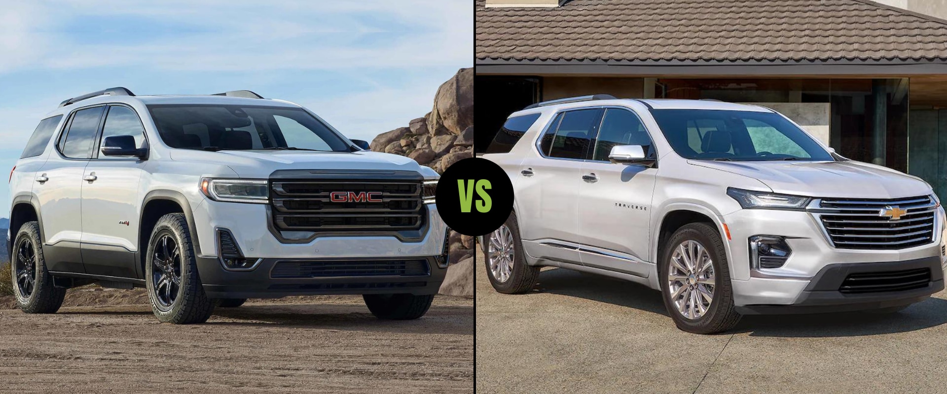 Exterior comparison of the New 2022 GMC Acadia on the left next to the 2022 Chevy Traverse on the right