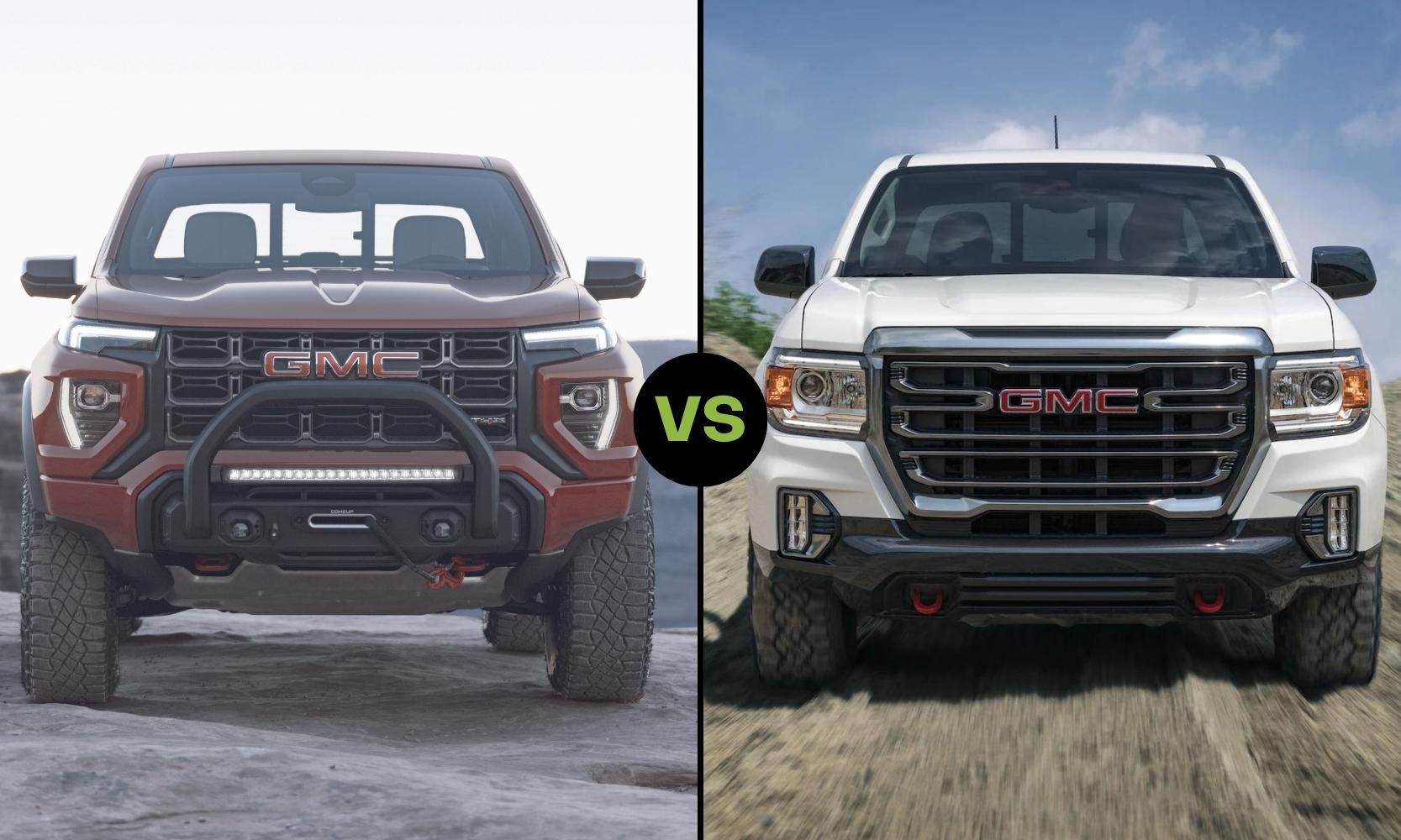 Front exterior of the new redesign 2023 GMC Canyon AT4X compared to the front exterior of the 2022 GMC Canyon AT4