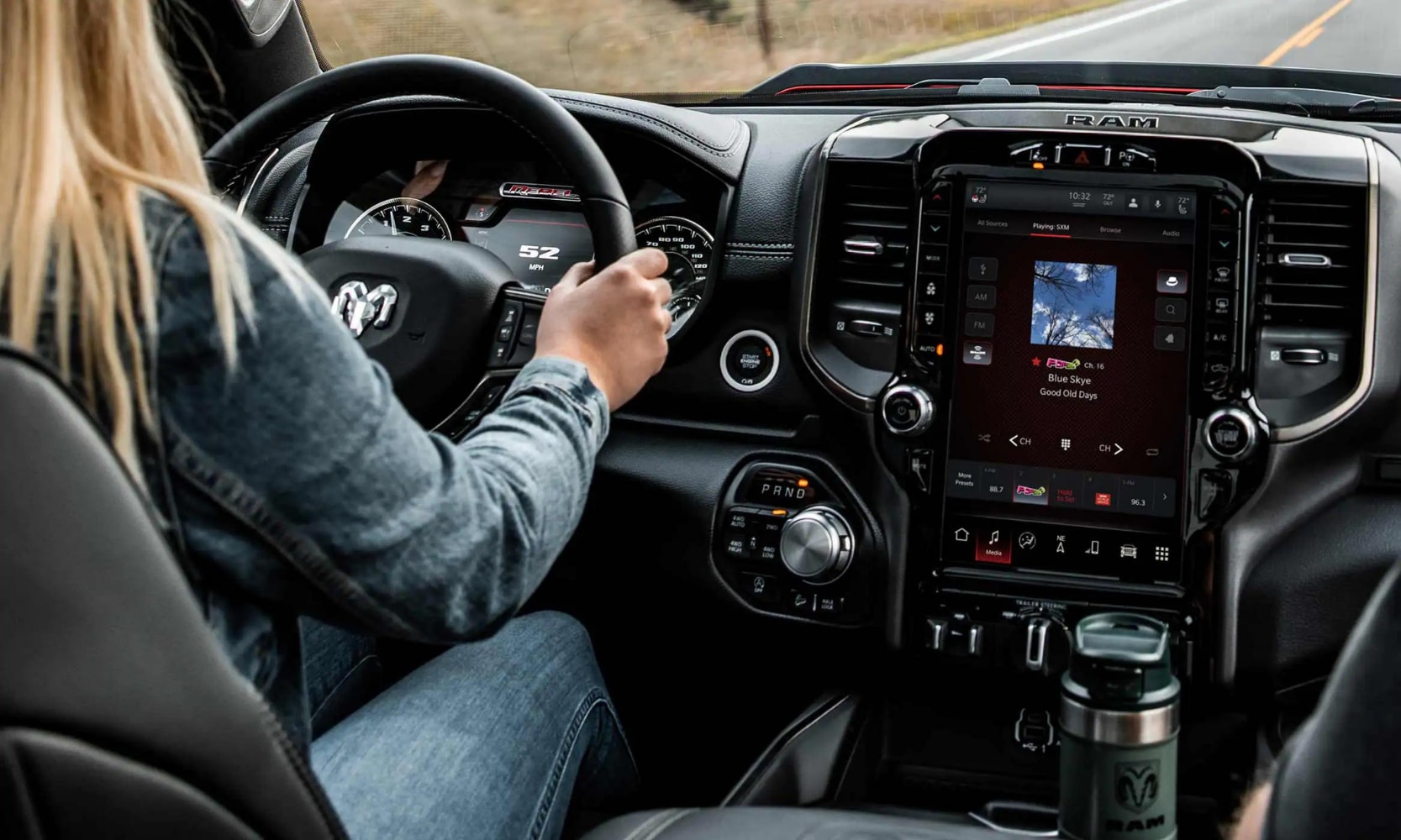 Close up look at the interior display and dashboard inside the 2022 Dodge Ram 1500 with no advanced safety displays