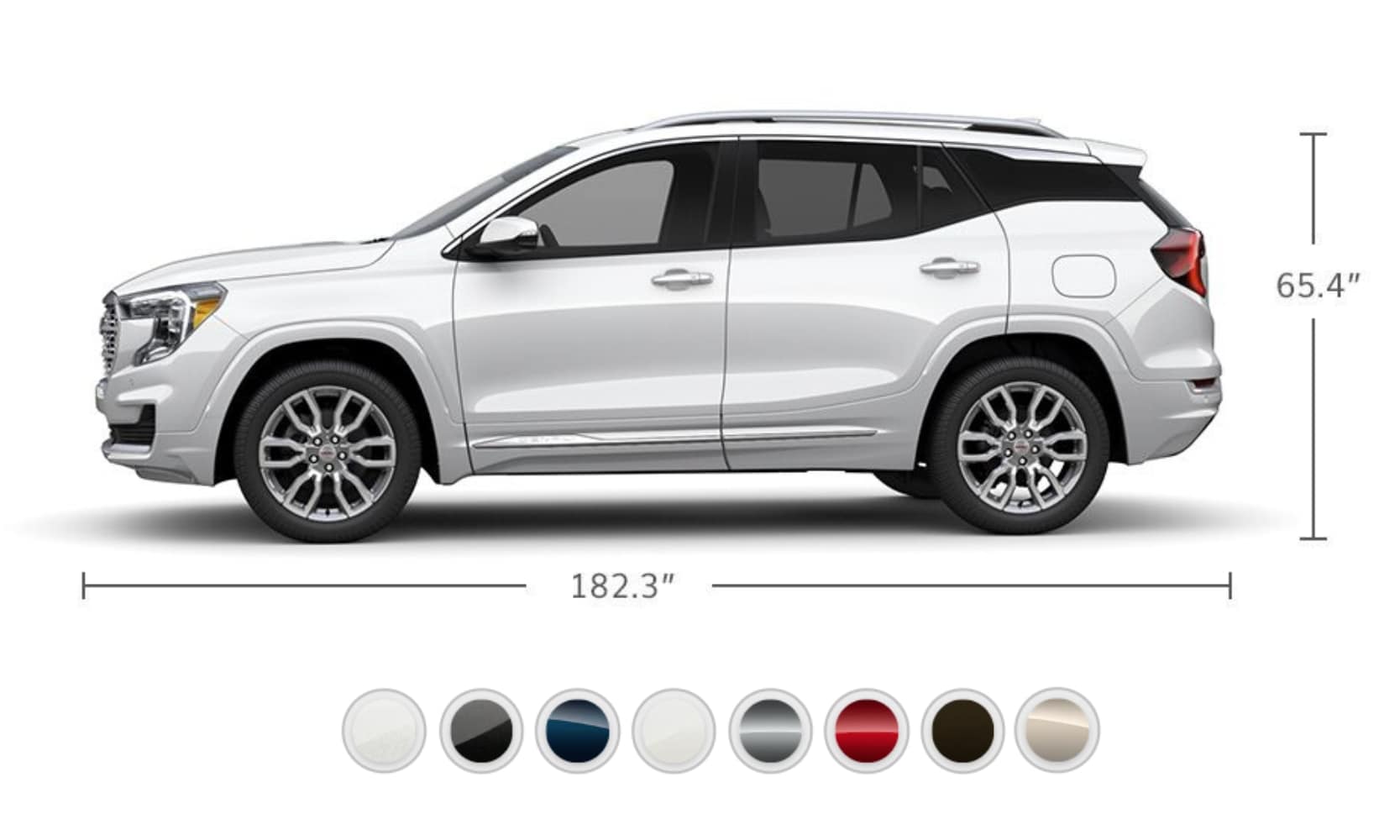 Diagram showing the exterior dimensions and paint colors of the 2023 GMC Terrain
