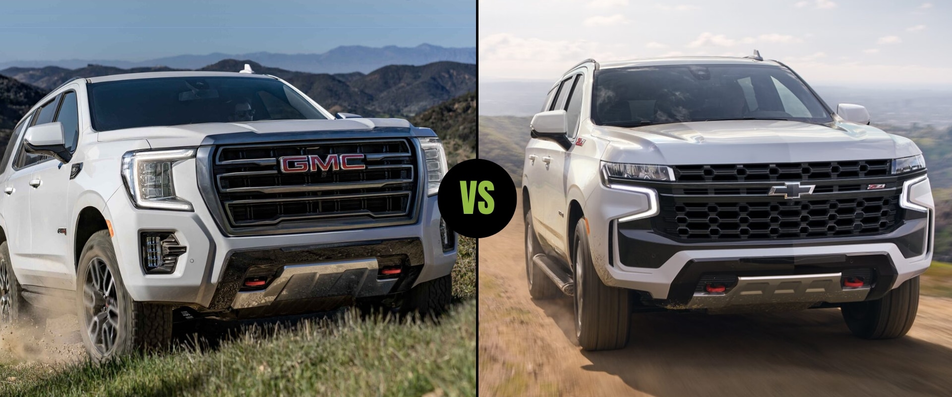 Exterior SUV comparison of the New 2023 GMC Yukon SUV on the left next to the 2023 Chevy Tahoe SUV on the right