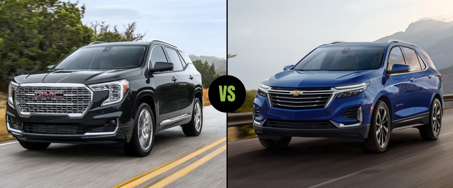 Exterior comparison of the New 2022 GMC Terrain on the left next to the 2022 Chevy Equinox on the right