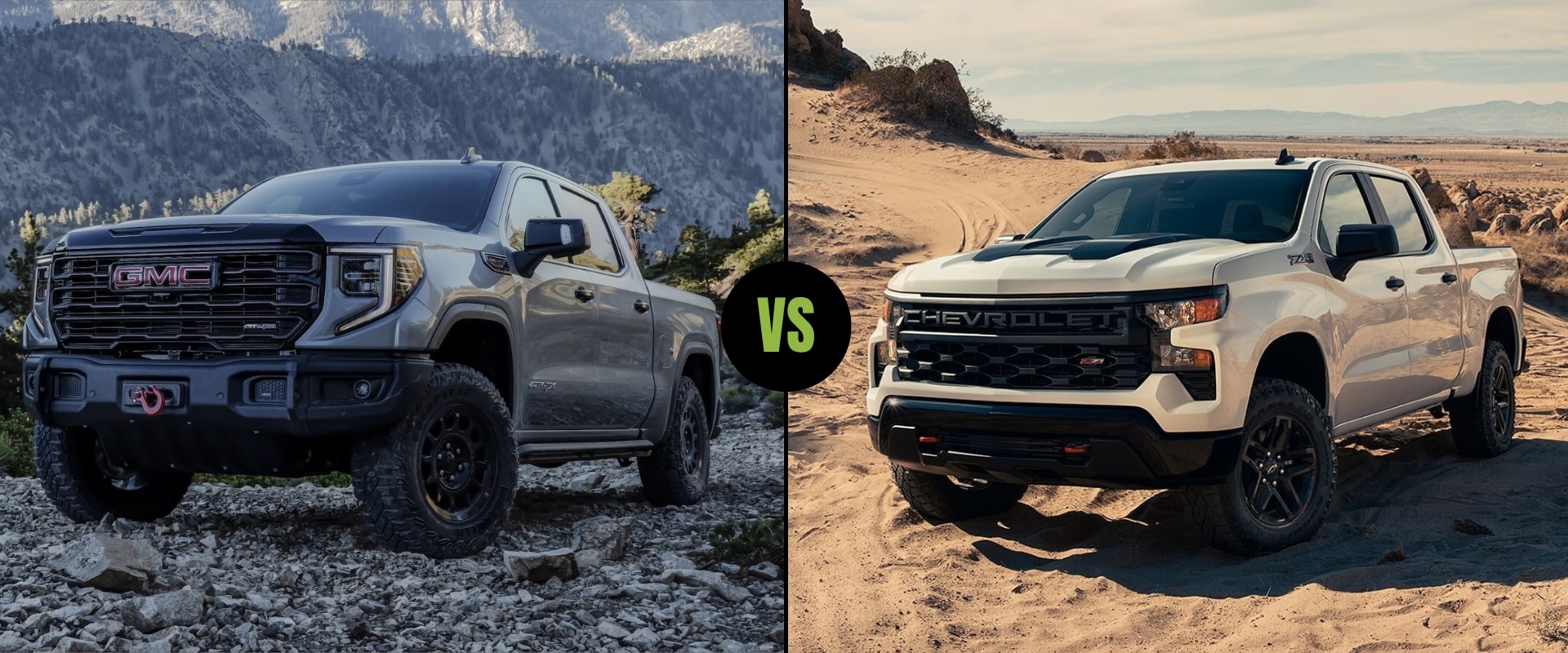 Exterior truck comparison of the New 2023 GMC Sierra 1500 light duty truck on the left next to the 2023 Chevy Silverado 1500 light duty truck on the right