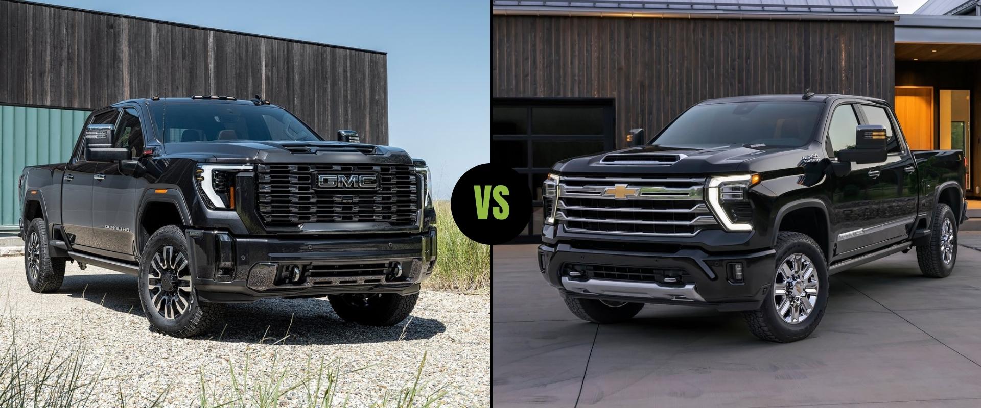 Exterior truck comparison of the All-New Next Generation 2024 GMC Sierra 2500 HD truck on the left next to the 2024 Chevy Silverado 2500 HD truck on the right