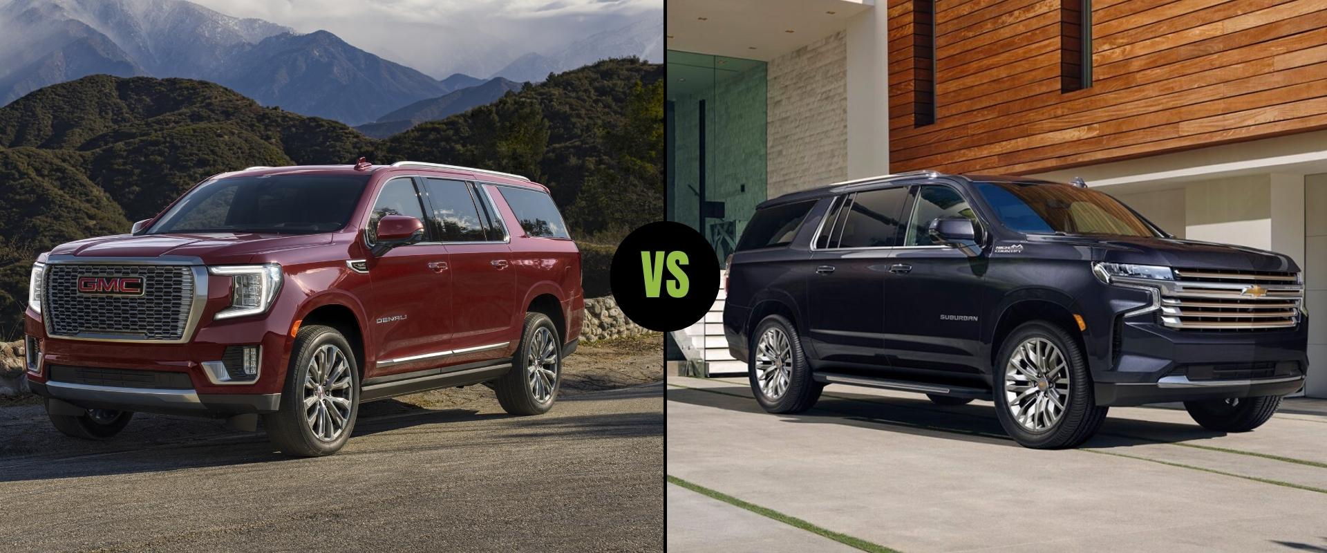 Exterior SUV comparison of the 2023 GMC Yukon XL on the left next to the 2023 Chevy Suburban on the right