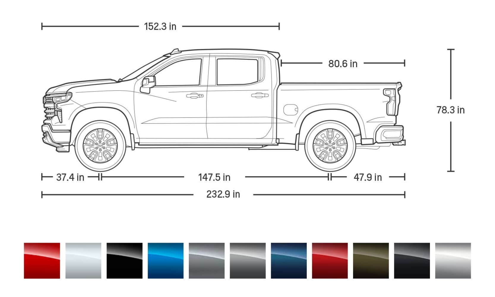 Image comparing the 2024 Chevy Silverado 1500 Size and Colors