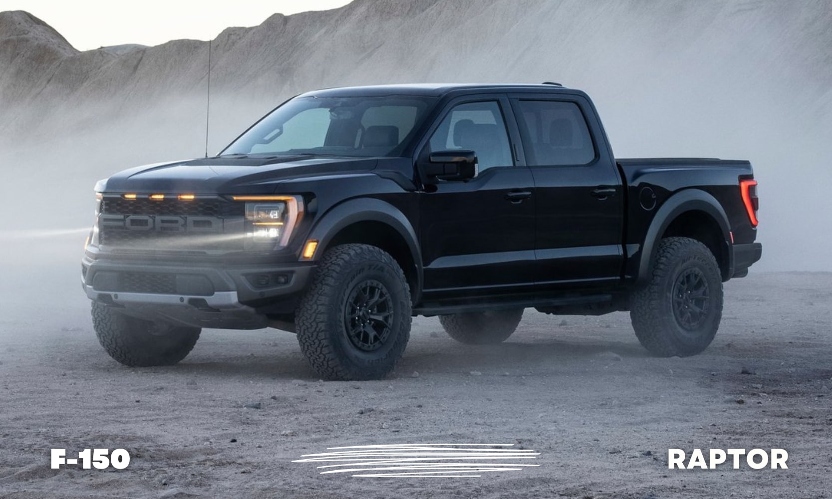 a black used Ford F-150 Raptor truck parked in some sandy off-road terrain with headlight beams shining through the dust as it settles