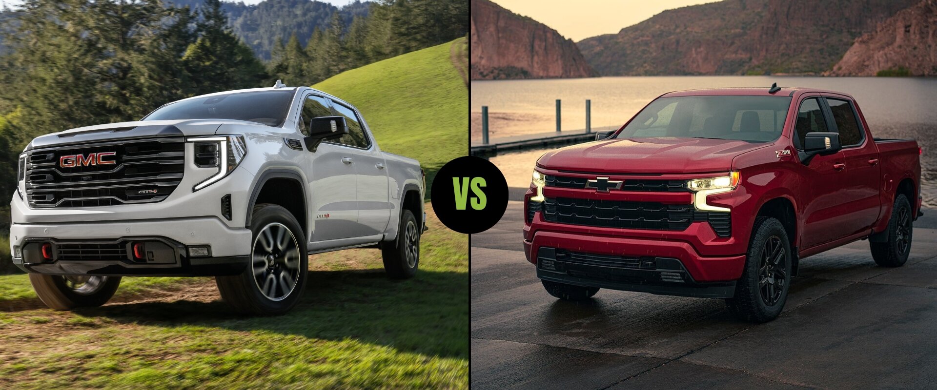 Exterior truck comparison of the New 2024 GMC Sierra 1500 light duty truck on the left next to the 2024 Chevy Silverado 1500 light duty truck on the right