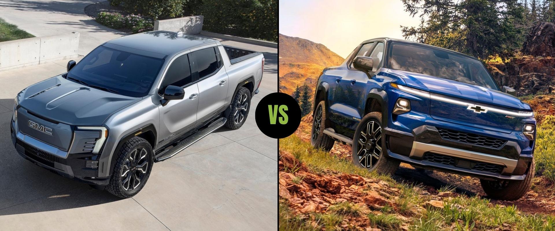 Exterior truck comparison of the all-electric 2024 GMC Sierra EV truck on the left next to the 2024 Chevy Silverado EV on the right