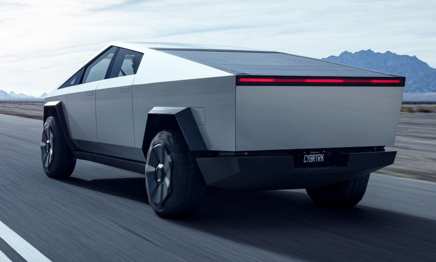 Rear exterior view of the 2023 Tesla Cybertruck