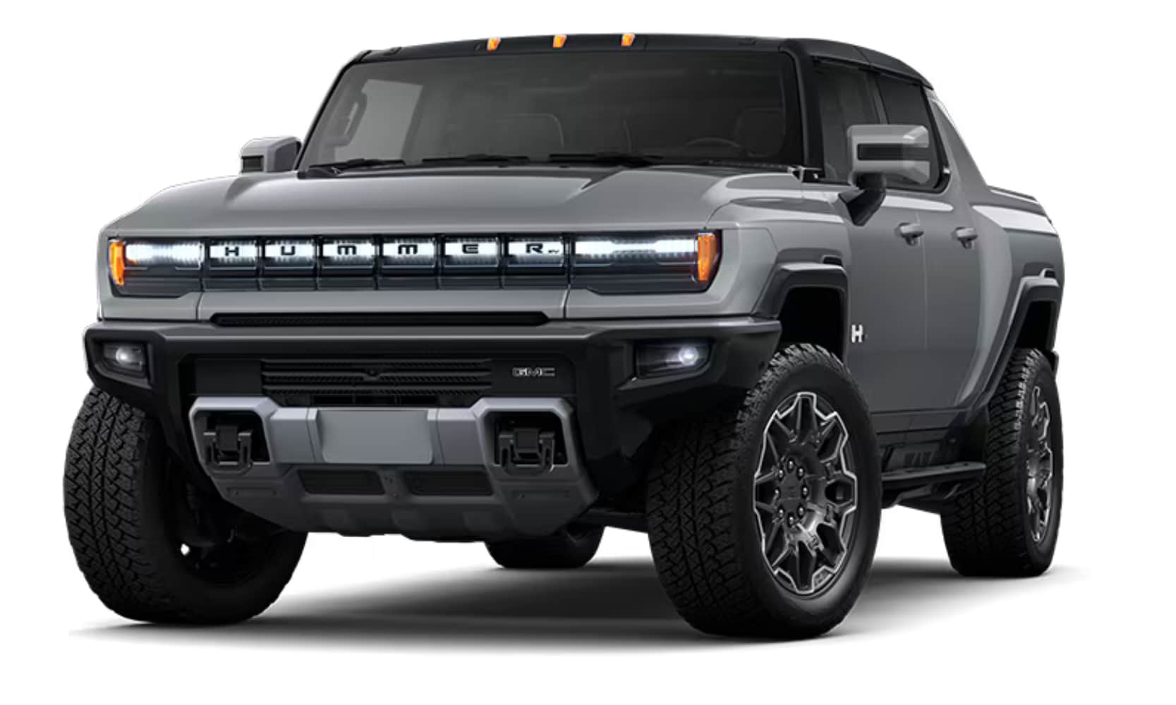 Exterior front angle image of a dark gray 2025 GMC Hummer EV Truck 3X parked on a white background