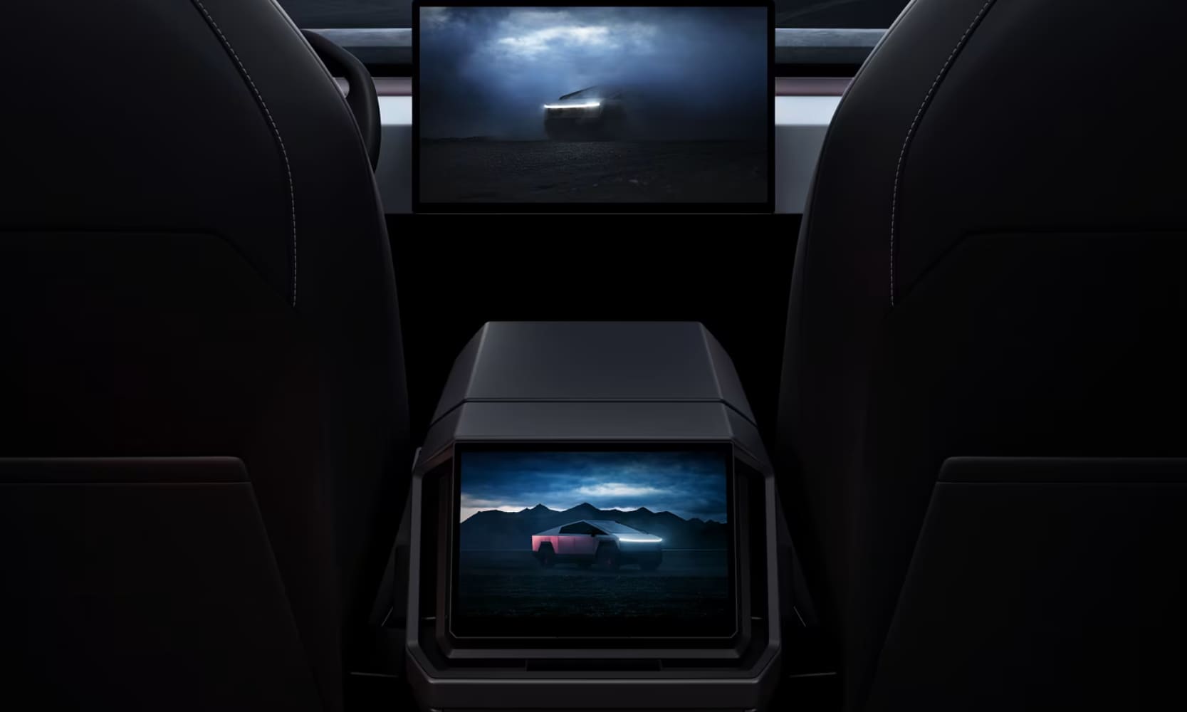 Closeup image of the 2025 Tesla Cybertruck's front and rear infotainment screens with an image of the truck on it