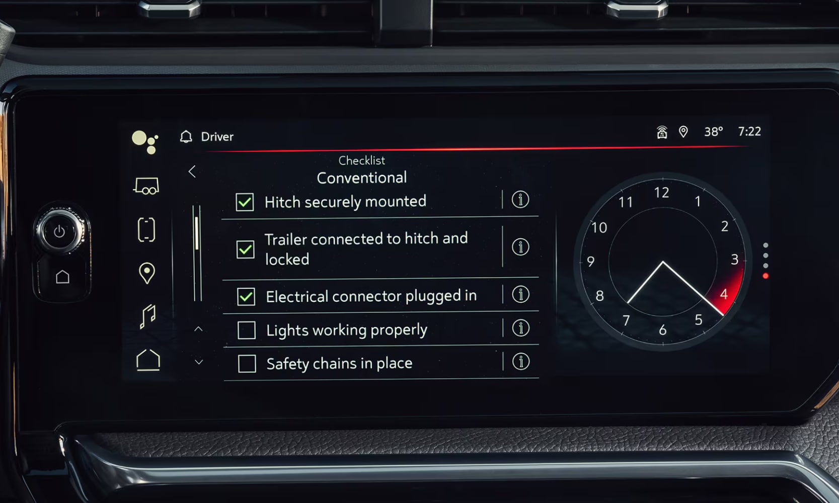 Closeup image of the 2026 GMC Sierra HD towing assistance features on its infotainment screen