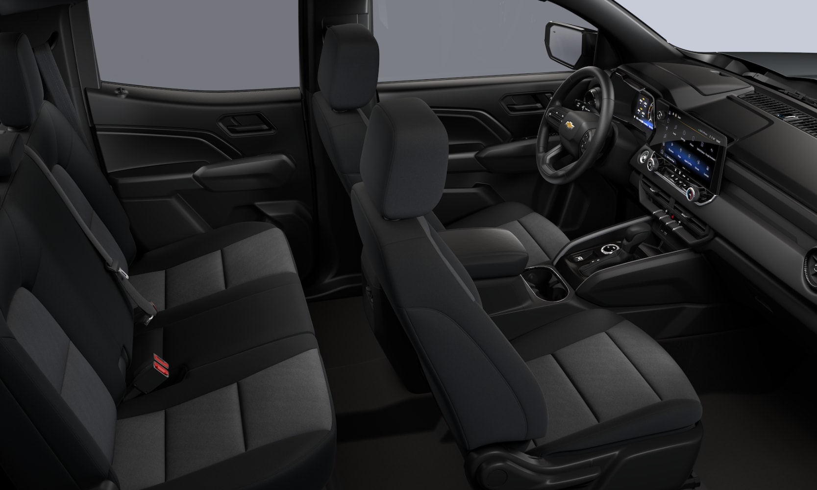 Interior top-view image of a 2026 Chevy Colorado charcoal black and gray two-row seating cabin