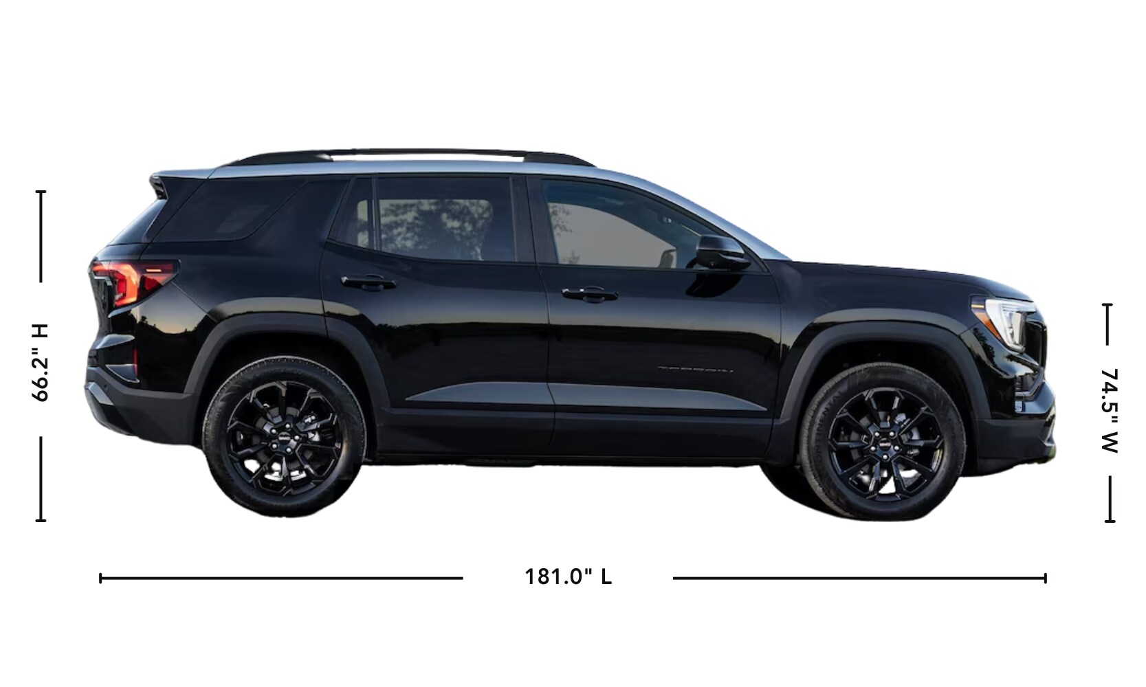 Illustration graphic of a black 2025 GMC Terrain Elevation parked on a white background with its exterior dimensions displayed