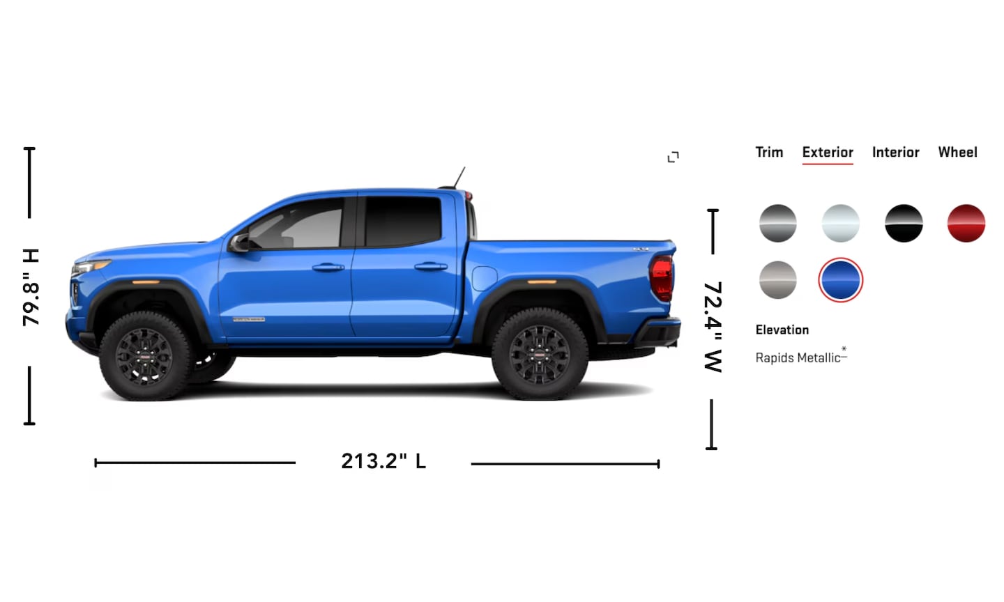 Exterior side image graphic of a blue 2026 GMC Canyon with its specs and paint options displayed