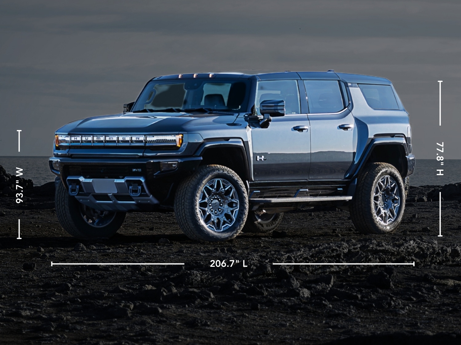 Illustration of a 2025 GMC Hummer EV SUV with exterior size dimensions written on the image