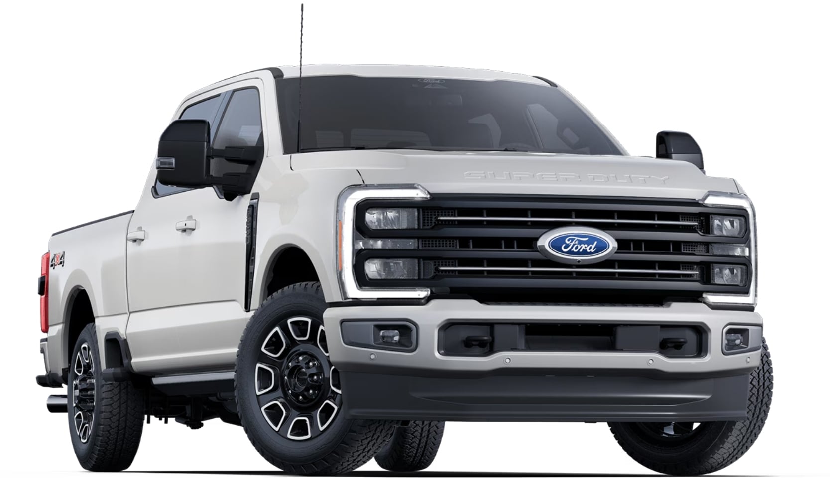 Exterior side angled image of a white 2025 Ford F-250 Super Duty Platinum parked on a white background