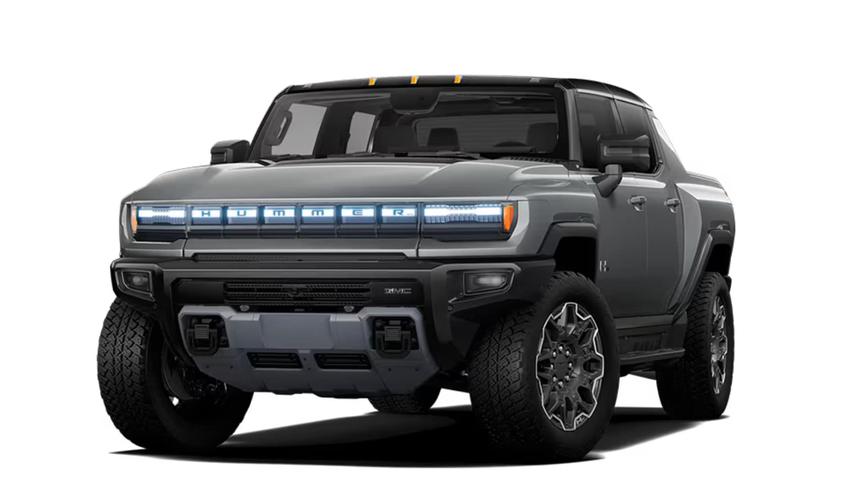 Front exterior image of a gray 2026 GMC Hummer EV Pickup 3X parked on a white background