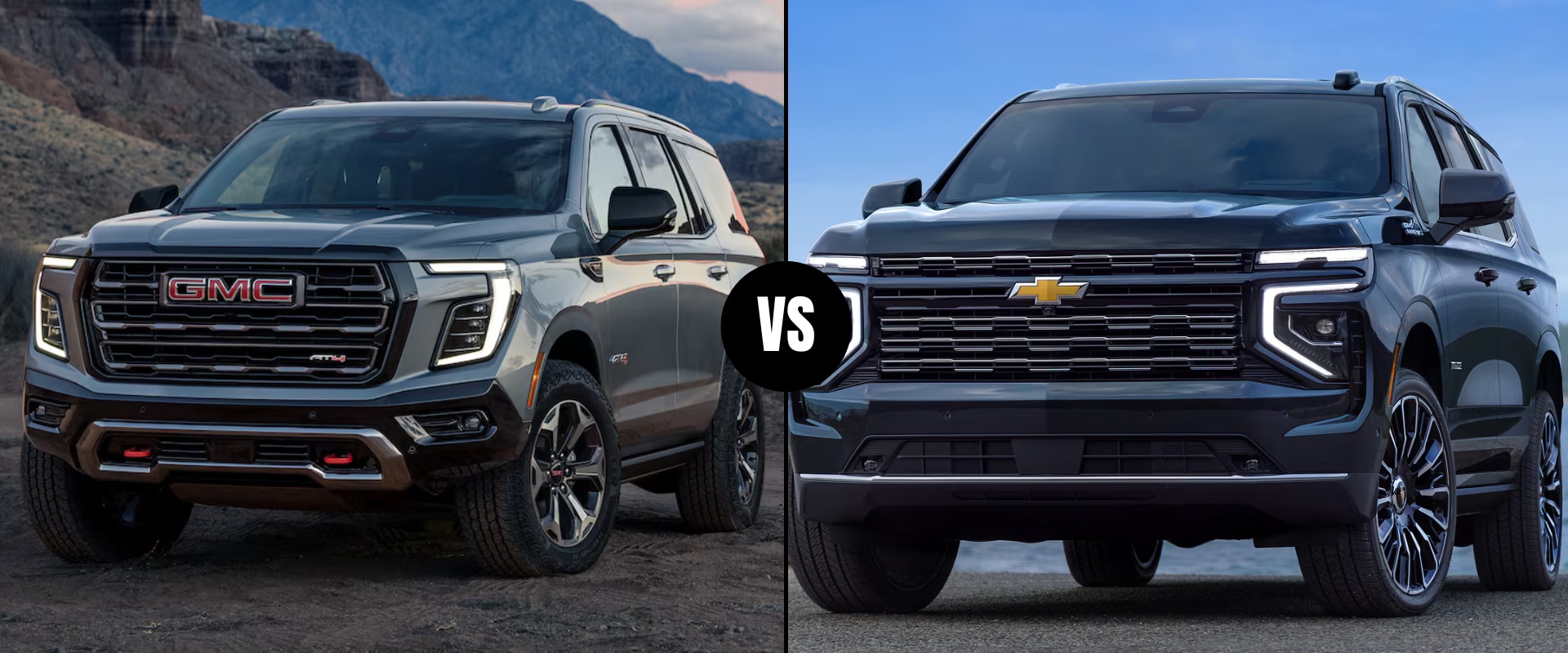 Comparison graphic of the 2026 GMC Yukon vs. 2026 Chevy Tahoe