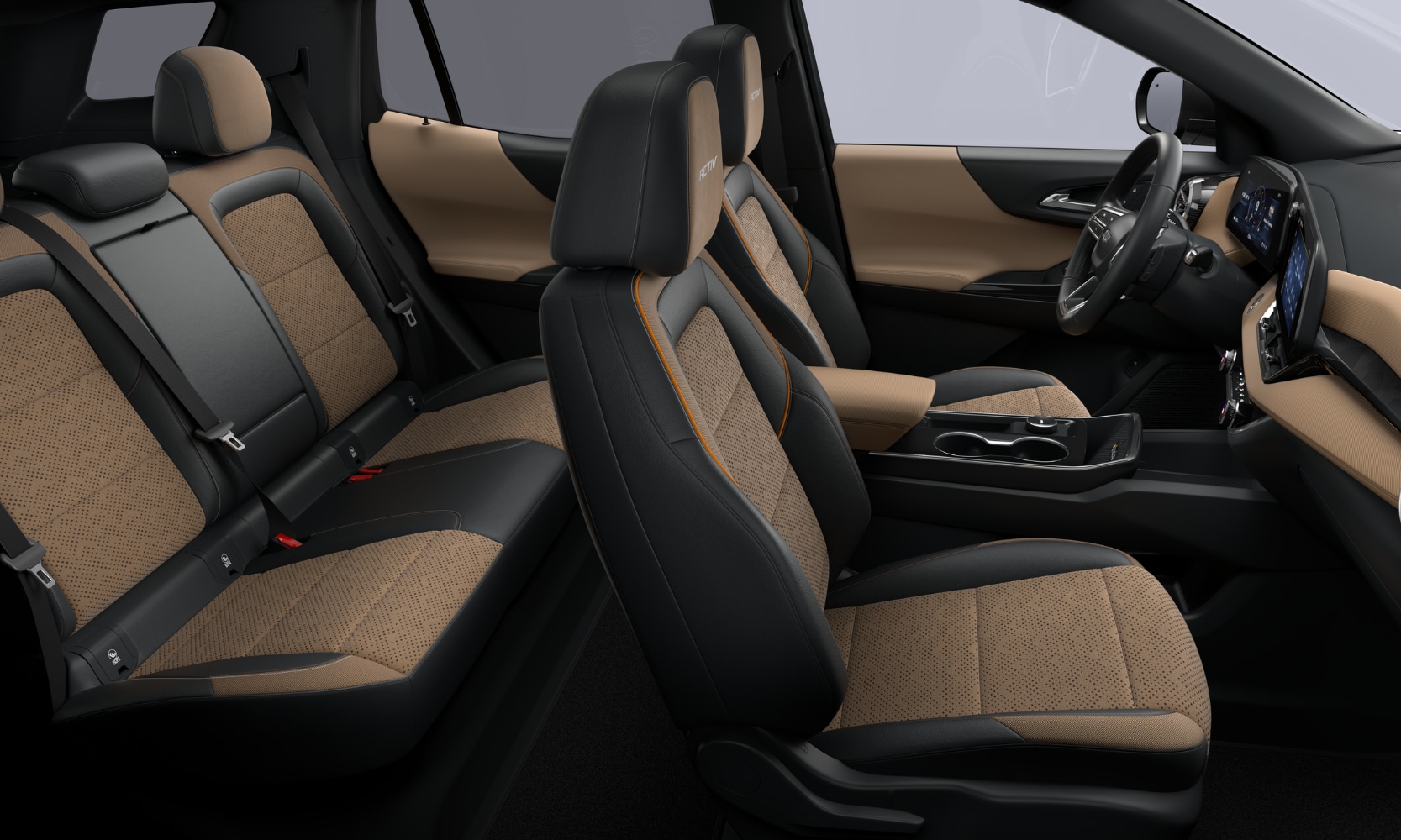 Interior image of a 2026 Chevrolet Equinox two-row cabin with back and tan seats
