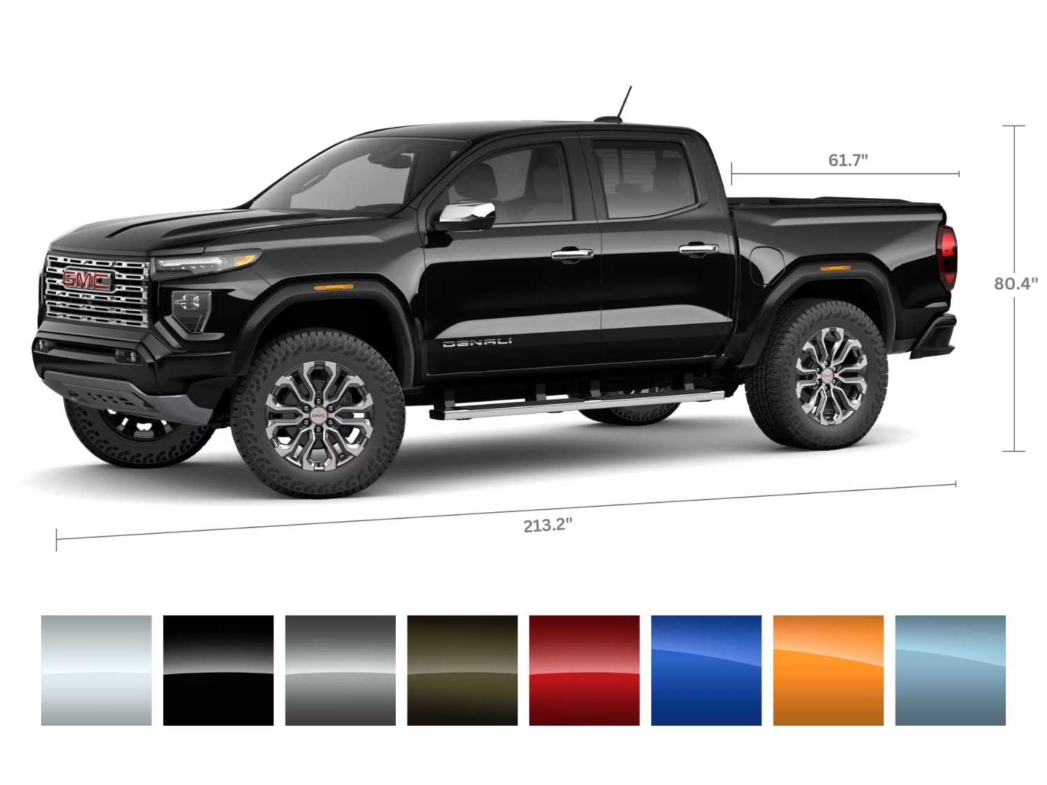 illustration graphic showing the size dimensions and exterior colors of the 2025 GMC Canyon truck