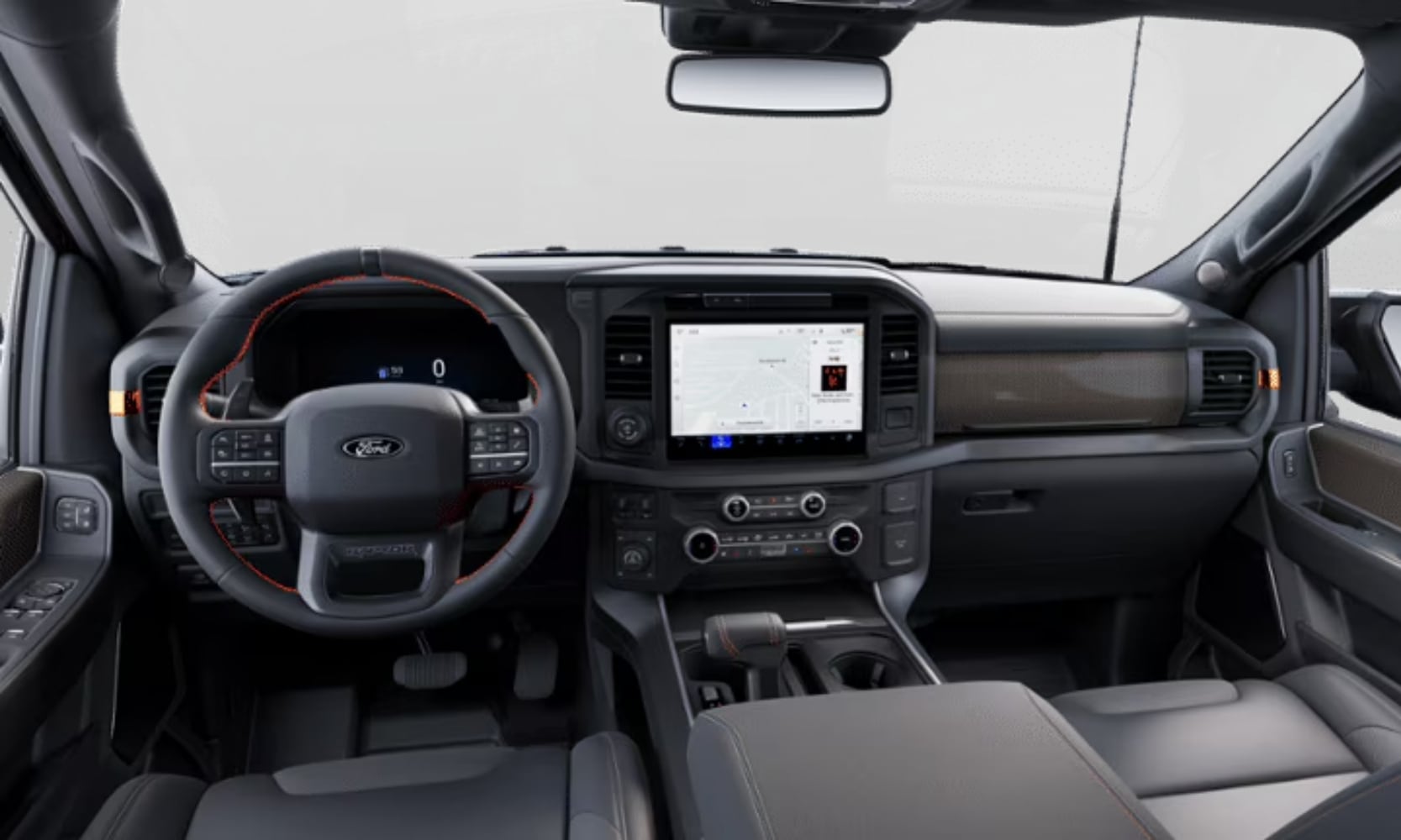 Interior image of a 2025 Ford F-150 Raptor of the front seats and dashboard system