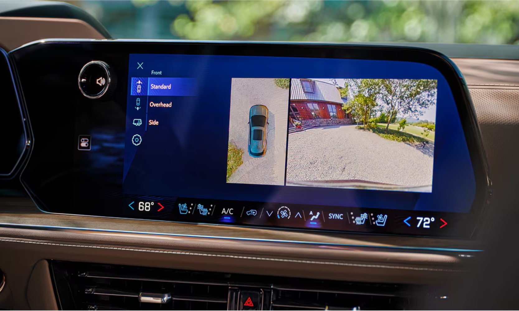 Closeup image of the 2026 Chevy Tahoe camera system with a bird's eye and rear view on the screen